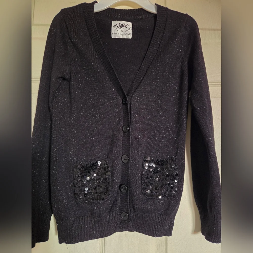 Justice Black Sequin Pocket V-Neck Cardigan Sweater Size 10